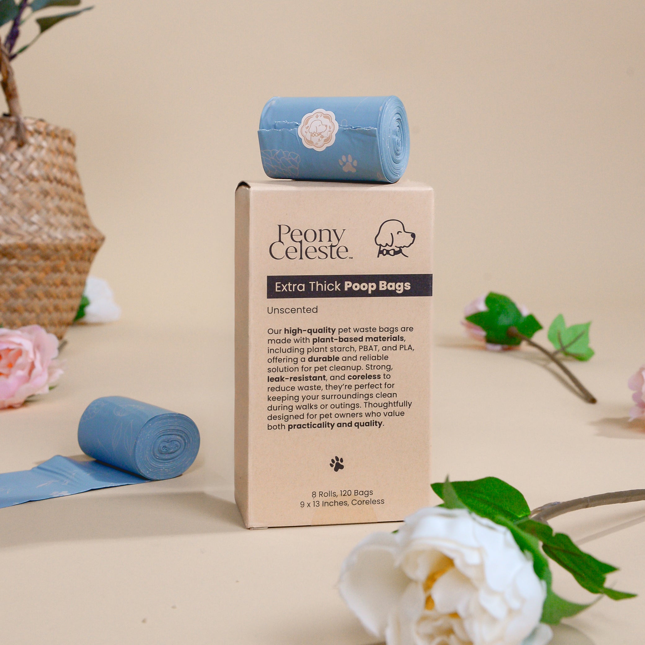Extra Thick Plant Based Poop Bags by Peony Celeste